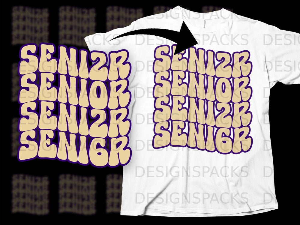 White t-shirt with stacked purple and cream "SENIOR" text design.