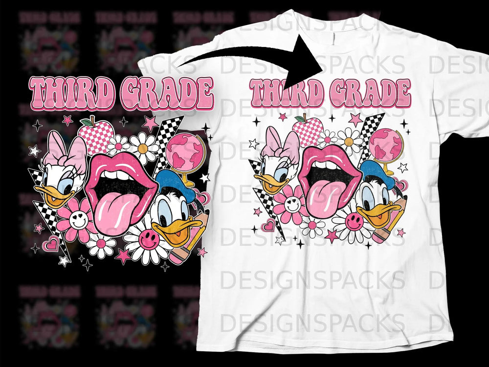 "Third Grade" text with cartoon ducks, lips, and flowers on a white t-shirt.