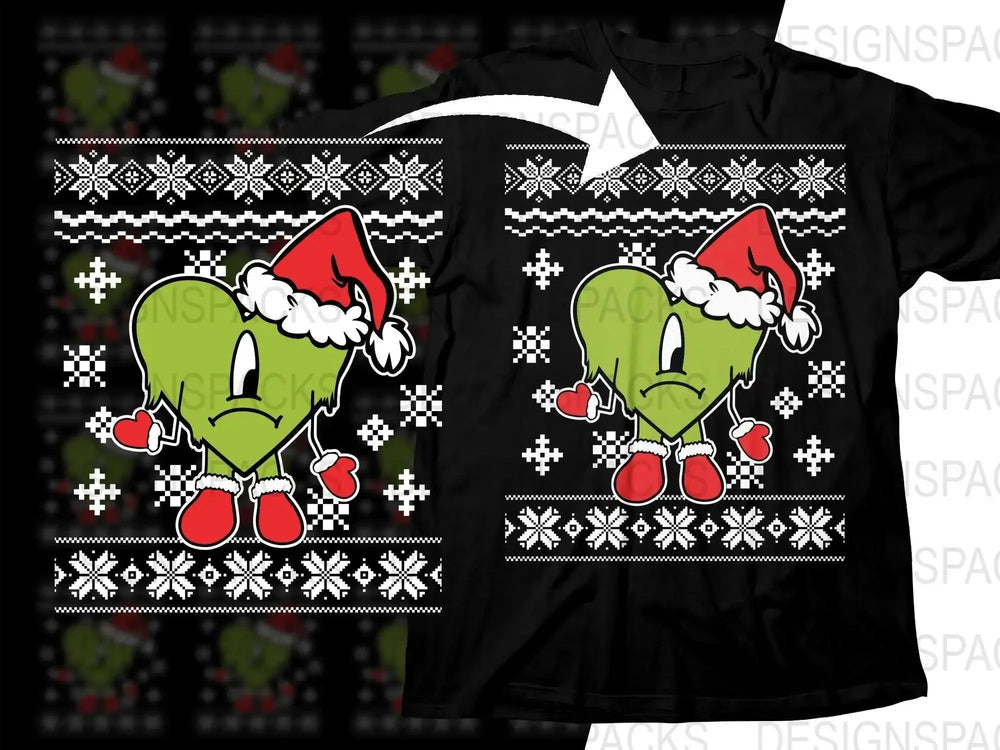 Grumpy Green Heart with Santa Hat Festive Png Digital Download