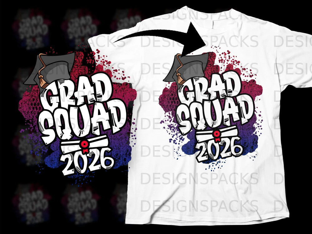 White t-shirt with "Grad Squad 2026" text and graduation cap design.