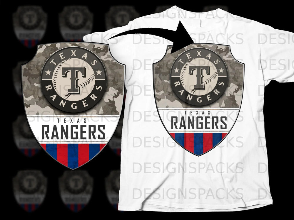 Texas Rangers baseball team shield logo on a white t-shirt.
