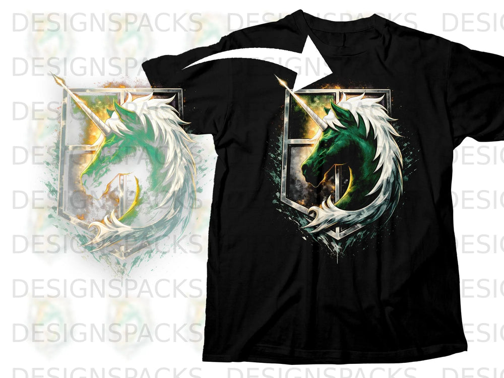 Black t-shirt featuring a green unicorn head crest with white mane.