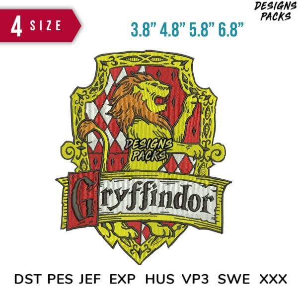 Gryffindor lion crest embroidery design in 4 sizes, compatible with DST PES JEF formats for instant download