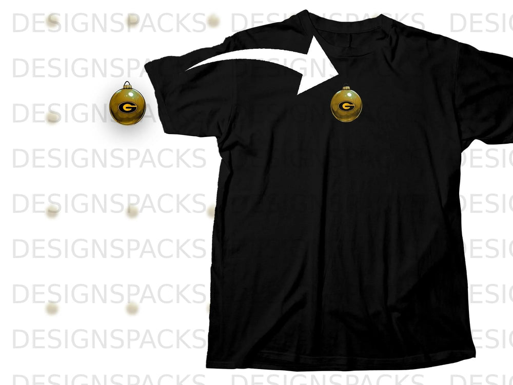 Black t-shirt with a gold ornament featuring a green 'G' logo.