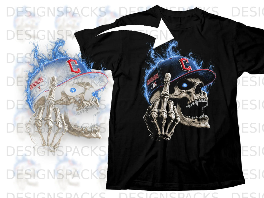 Black t-shirt with a skeleton skull graphic wearing a Guardians baseball cap and surrounded by blue flames.