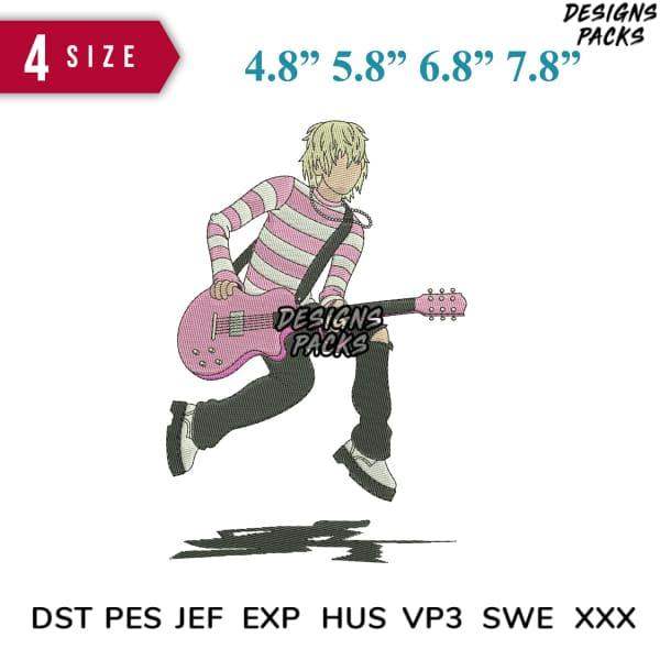 Embroidery design of a guitarist in striped shirt, available in multiple sizes and formats