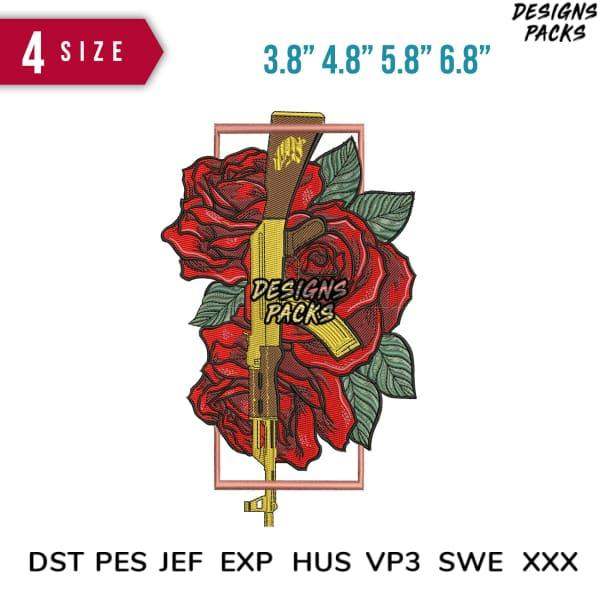 Embroidery design featuring red roses and a golden gun, available in multiple sizes and formats.