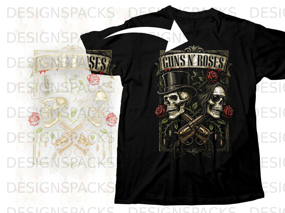 Black t-shirt with Guns N' Roses graphic featuring skulls, roses, and revolvers.