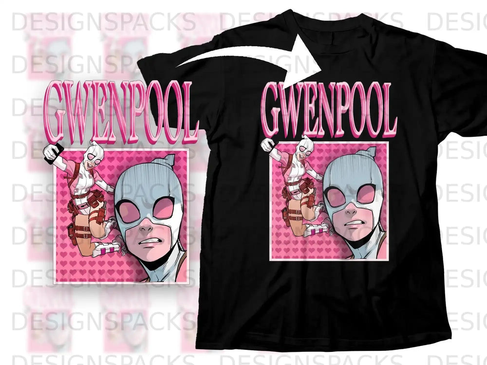 Gwenpool graphic tee with pink hearts and action figure.