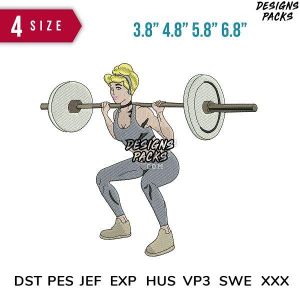 Embroidery design of woman lifting barbell, available in multiple sizes and formats