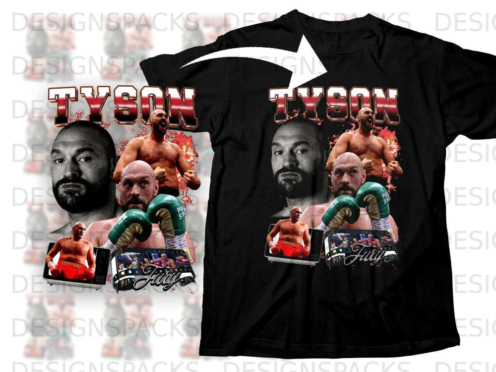 Black t-shirt with Tyson Fury graphic, boxing gloves, and "Gypsy King" text.
