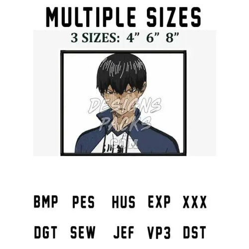 Anime character embroidery design in 4”, 6”, 8” sizes, PES, DST, SVG formats for DTG, DTF, tumbler wraps