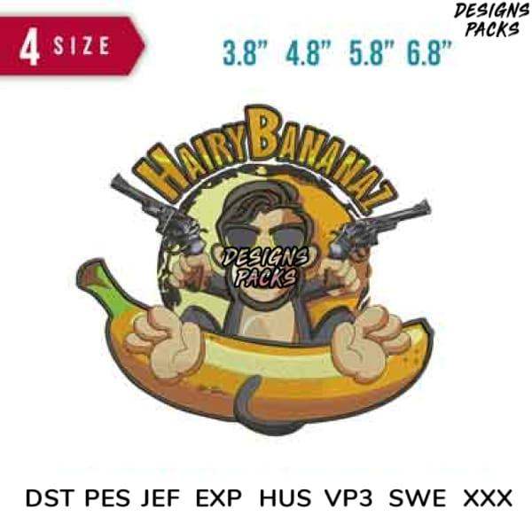 Hairy Bananaz funny banana design with guns, available in 4 sizes for embroidery and DTF/DTG printing