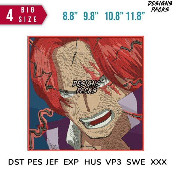 Anime character with red hair and scar, available in multiple sizes for embroidery and print designs.