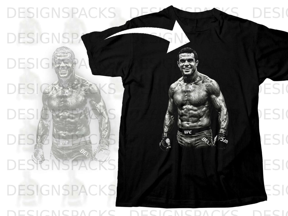 Black t-shirt with graphic of a muscular fighter wearing UFC shorts and gloves.