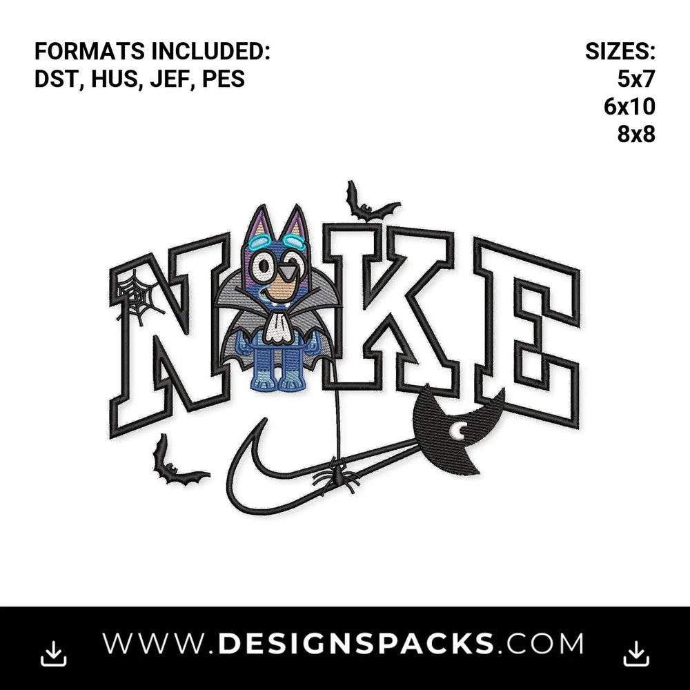 Halloween Bluey Vampire Swoosh Embroidery Design - Instant digital download pattern at Designspacks.com