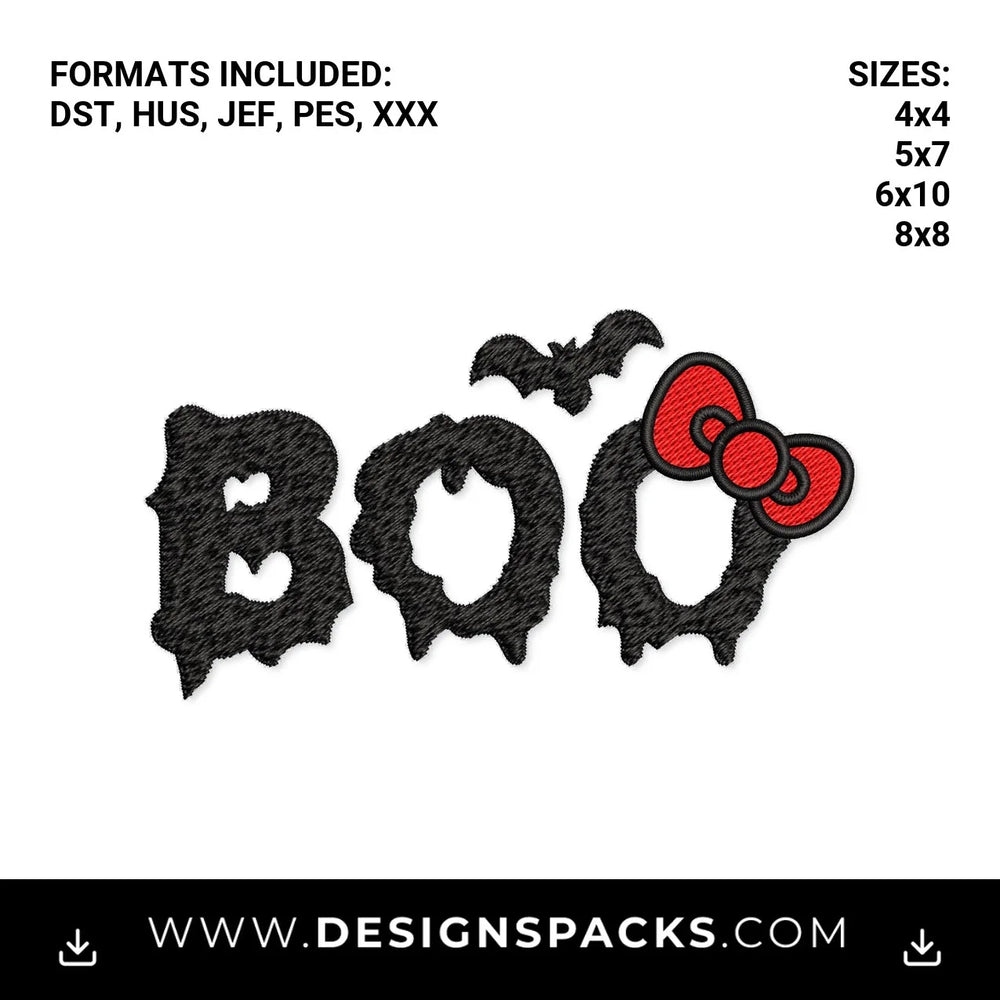 Halloween Boo with Red Kitty Bow & Bat Embroidery Design - Instant digital download pattern at Designspacks.com