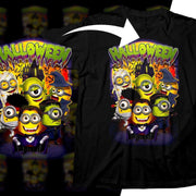 Halloween Minions design on black t-shirt, perfect for festive print-ready DTG or DTF bundles.