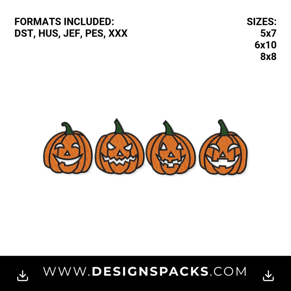 Halloween Jack-O-Lantern Pumpkins Row Embroidery Design - Instant digital download pattern at Designspacks.com