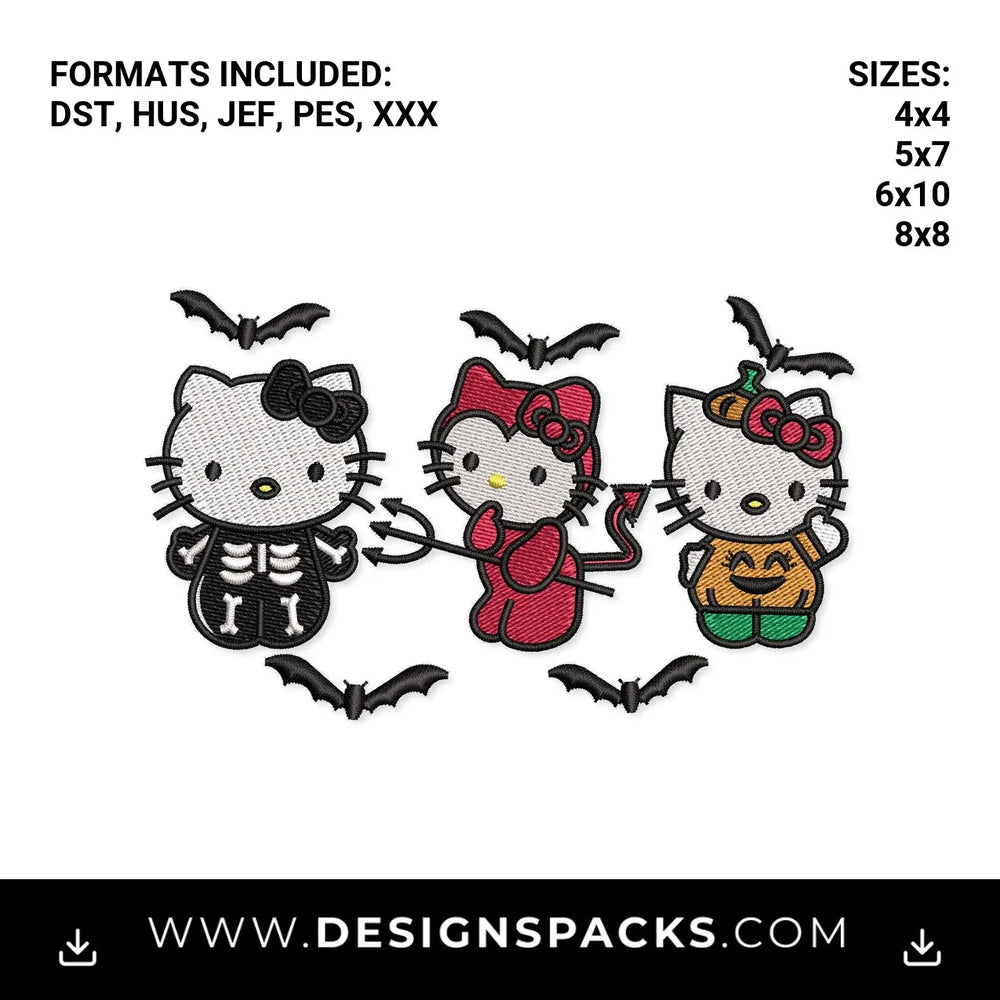 Halloween Kitty Skeleton Devil Pumpkin Embroidery Design - Instant digital download pattern at Designspacks.com