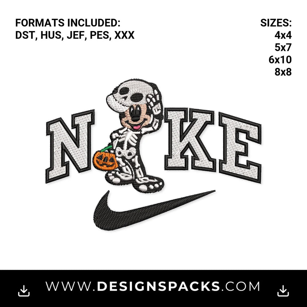 Halloween Mickey Skeleton Swoosh Embroidery Design - Instant digital download pattern at Designspacks.com