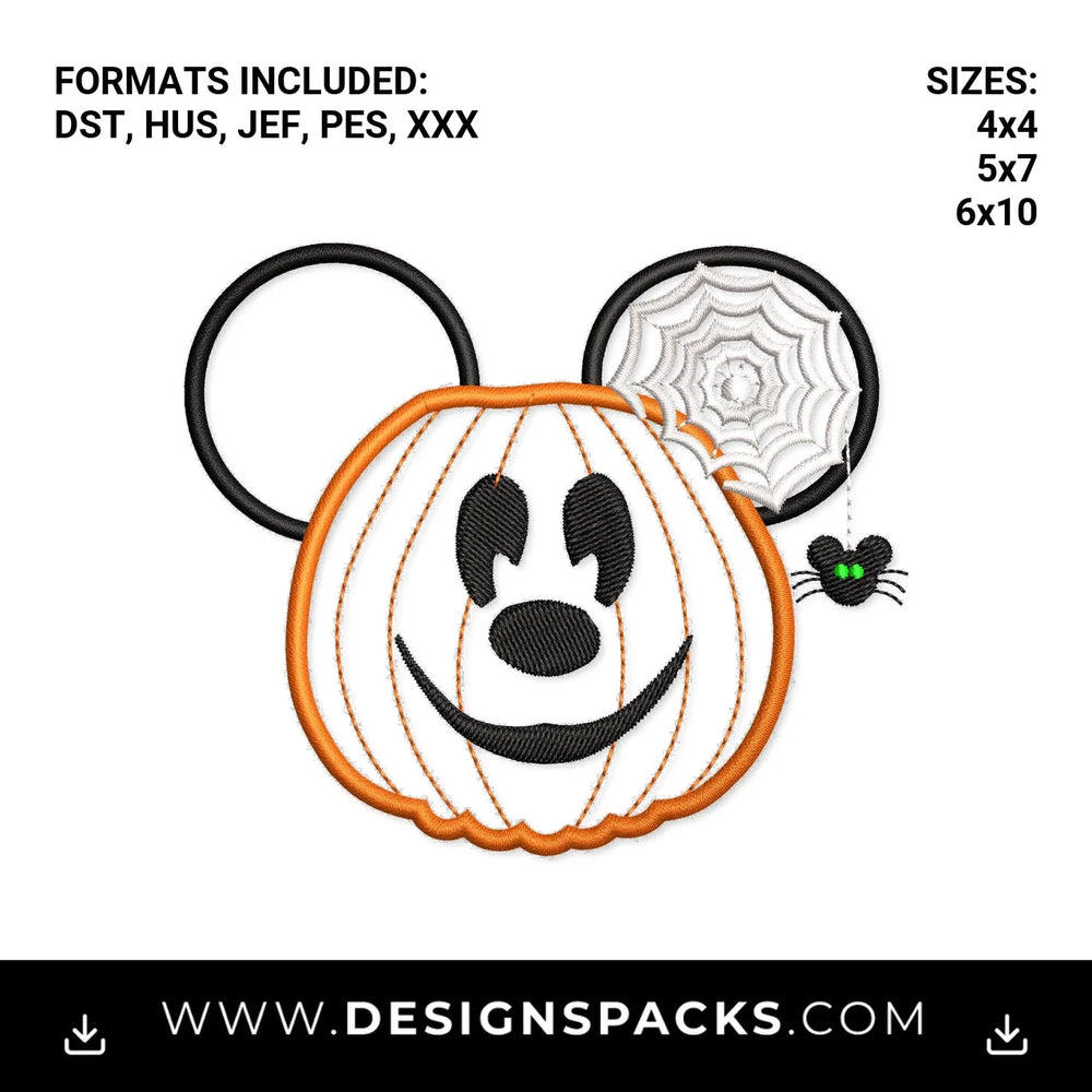 Halloween Mouse Pumpkin with Spider Web Embroidery Design - Instant digital download pattern at Designspacks.com