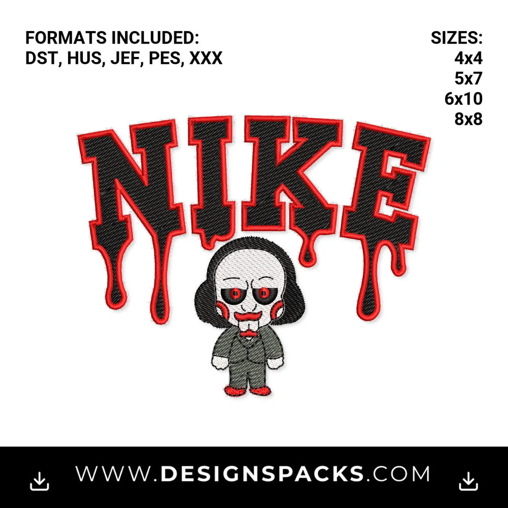 Halloween Nike Dripping Saw Jigsaw Puppet Embroidery Design - Instant digital download pattern at Designspacks.com