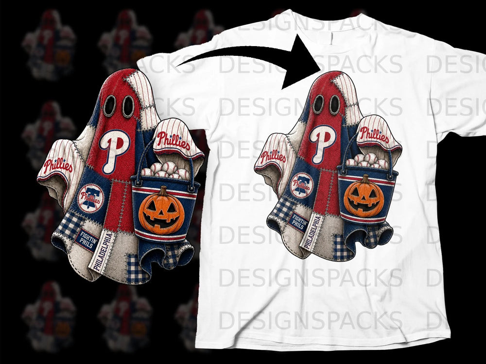 Philadelphia Phillies ghost with pumpkin bucket on white t-shirt mockup.