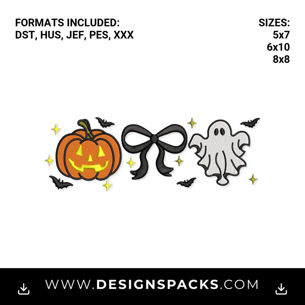 Halloween Pumpkin Bow and Ghost Embroidery Design - Instant digital download pattern at Designspacks.com