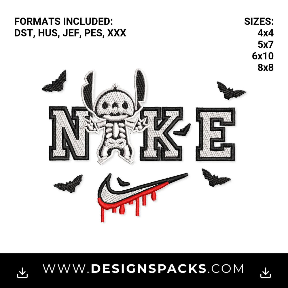 Halloween Skeleton Stitch Nike Swoosh Embroidery Design - Instant digital download pattern at Designspacks.com