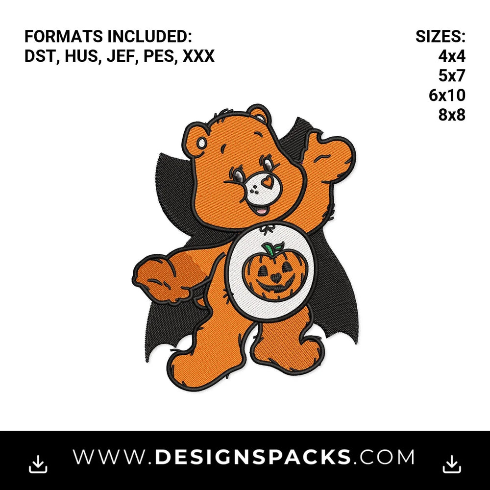 Halloween Vampire Bear with Pumpkin Embroidery Design - Instant digital download pattern at Designspacks.com
