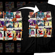 Halloween-themed black t-shirt featuring Disney villains like Maleficent, Ursula, and Cruella in Polaroid-style frames.