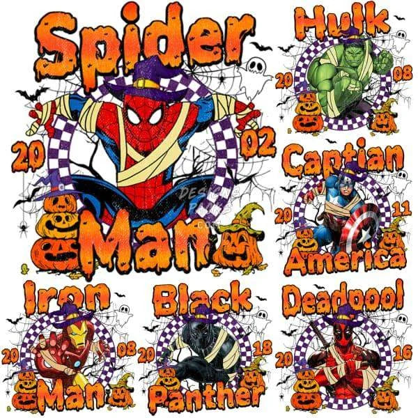 6 Halloween Cartoon Super Heroes Designs Bundle PNG