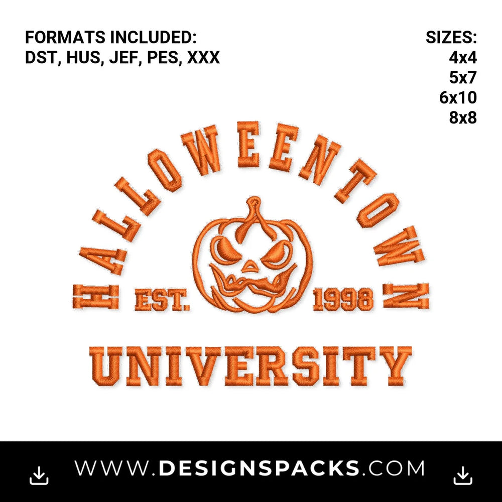 Halloweentown University Est 1998 Pumpkin Embroidery Design - Instant digital download pattern at Designspacks.com