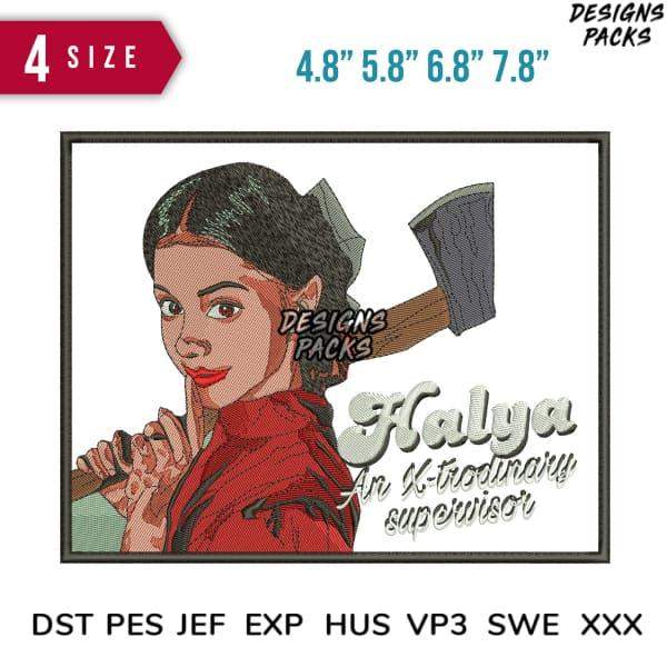 Kalya embroidery design: woman with axe, 4 sizes, DST PES JEF formats, print-ready for embroidery machines