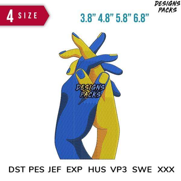 Blue and yellow hand design embroidery pack with 4 sizes for DST PES JEF formats