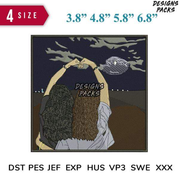 Embroidery design of couple forming heart with hands under moon, 4 sizes, DST PES JEF formats