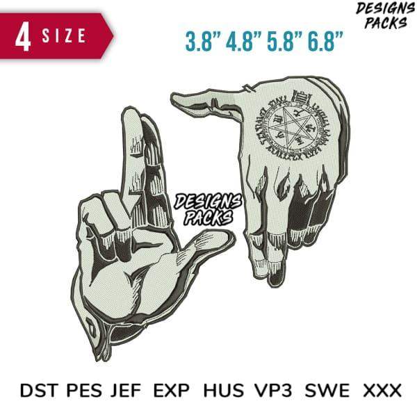 Tattoo-style hand design with pentagram, available in 4 sizes & embroidery formats (DST, PES, JEF)