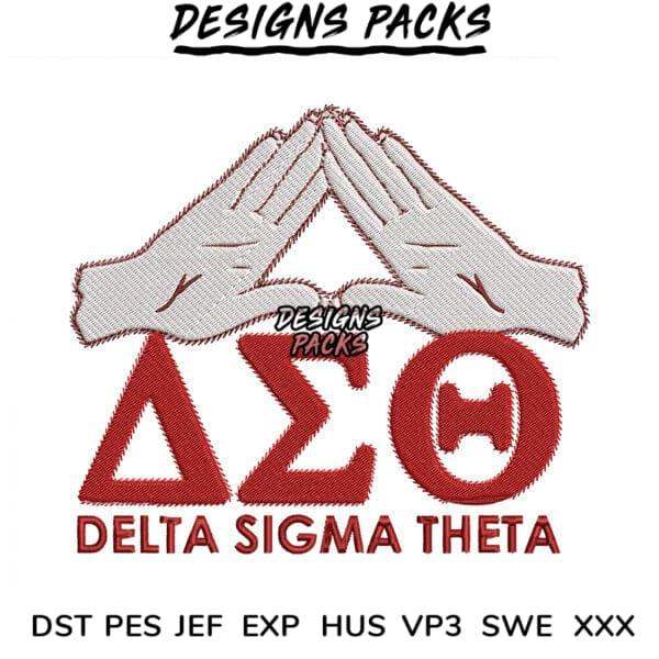 Delta Sigma Theta embroidered design with hands forming triangle, Greek letters, and file formats listed