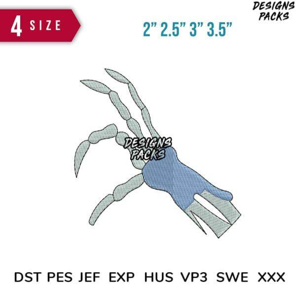 Embroidery design of a skeletal hand in 4 sizes, available in DST, PES, JEF formats
