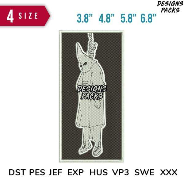 Embroidery design of hanging figure in coat, 4 sizes, PES DST JEF formats, print-ready for DTG/DTF