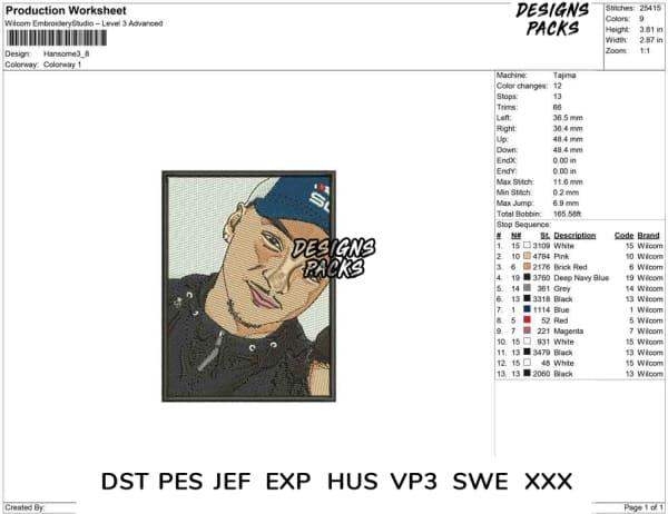 Embroidery design worksheet with color codes and stitch details for print-ready PES file