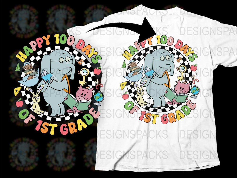 Happy 100 Days of 1st Grade T-Shirt, Cute Elephant and Friends Graphic Tee for Kids, Celebration School Shirt