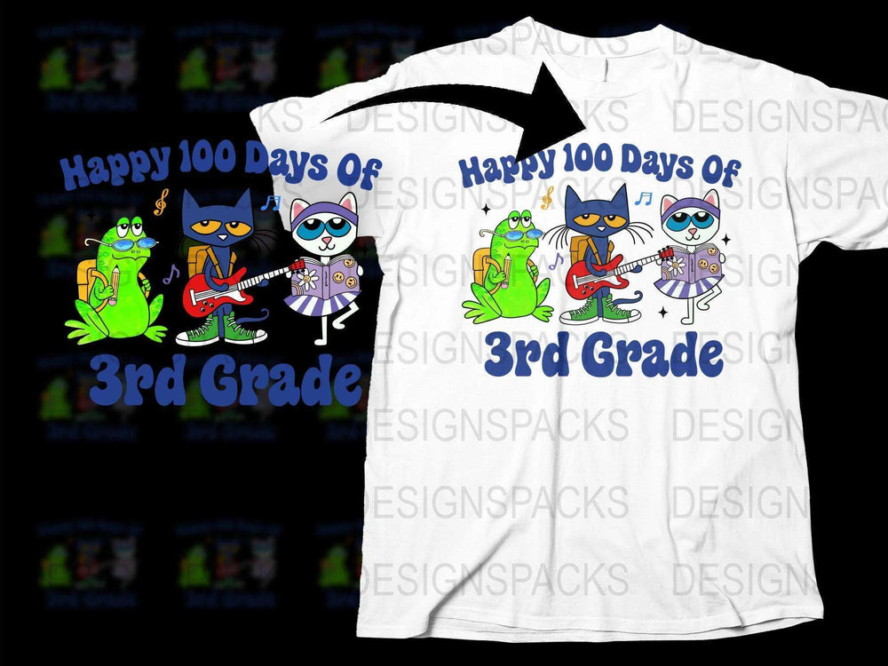 Happy 100 Days of 3rd Grade T-Shirt, Colorful Cartoon Animals, Kids School Celebration Tee