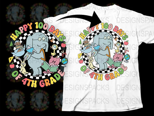 Happy 100 Days of 4th Grade T-Shirt, Colorful Elephant Graphic, Cute Kids School Celebration Tee