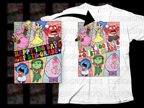 Happy 100 Days of 5th Grade T-shirt, Colorful Cartoon Character Tee for Kids, School Celebration Shirt