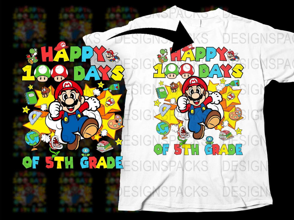 Happy 100 Days of 5th Grade T-Shirt, Colorful Mario School Celebration Shirt, Kids Gaming Graphic Tee, Unisex Children's Apparel