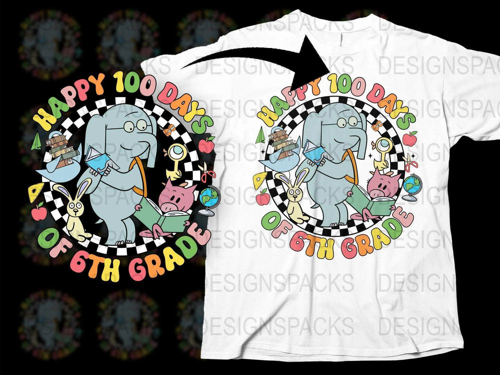 Happy 100 Days of 6th Grade T-Shirt, Kids Celebration Tee, Fun School Elephant Graphic Design, Colorful Unisex Children's Shirt