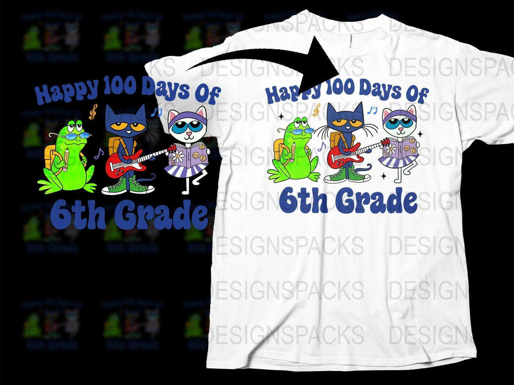 Kids 100 Days of School T-Shirt, 6th Grade Celebration, Cartoon Animals, Guitar, Unique Student Gift, Fun School Tee