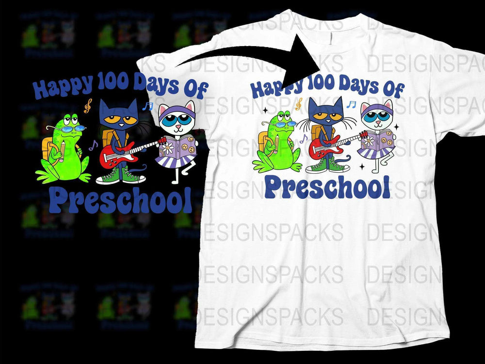 Happy 100 Days of Preschool T-Shirt, Cute Frog and Monster Design, Kids Celebration Tee, Colorful School Shirt
